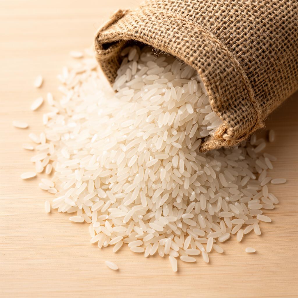 Premium long-grain rice from a burlap sack